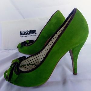 90s/00s Iconic Couture Embroidered Peep Toe Slide Pumps By Moschino main image 1
